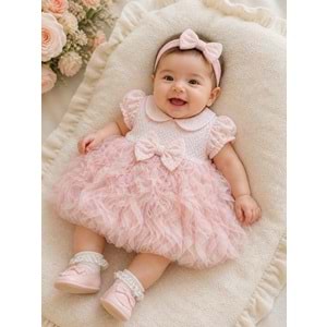 Serkon Bebe Yaka Fiyonklu Tüllü Elbise 6-36 Aylık -1003503 - PEMBE