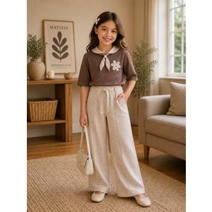 Trend Rose Çiçek Detaylı Keten Pantolonlu Kız İkili Takım 14-17 Yaş -4512500 - KAHVERENGİ
