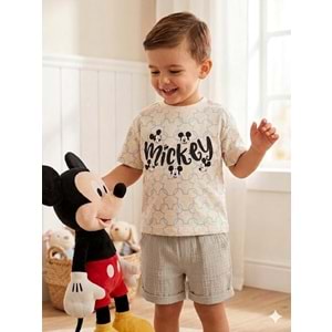 Mickey Baskılı Müslin Şortlu Erkek İkili Takım 2-5 Yaş -BA26201200 - AÇIK GRİ