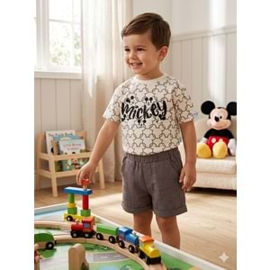 Mickey Baskılı Müslin Şortlu Erkek İkili Takım 2-5 Yaş -BA26201200 - KAHVERENGİ