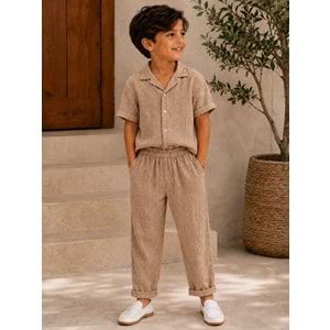 Nardanlı Müslim Kumaş Jogger Pantolonlu Takım 6-10 Yaş -NA6200480 - AÇIK KAHVE