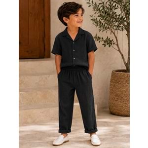 Nardanlı Müslim Kumaş Jogger Pantolonlu Takım 6-10 Yaş -NA6200480 - SİYAH
