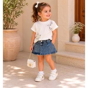 Lumia Baby Pullu Yıldız Nakışlı Kot Şortlu Kız İkili Takım 2-5 Yaş -BA4211300 - BEYAZ