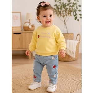 Baby Bu Çilek Nakışlı Kot Pantolonlu İkili Takım 9-24 Aylık -BAY0398300 - SARI