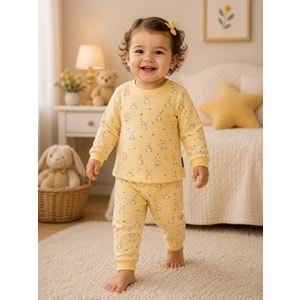 Miniworld Ayıcık Baskılı Sıfır Yaka Kız Pijama Takımı 6-24 Aylık -BAY18727155 - SARI