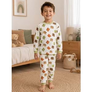 Miniworld Renkli Ayıcık Baskılı Sıfır Yaka Erkek Pijama Takımı 3-6 Yaş -BAY17560189 - YEŞİL