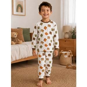 Miniworld Renkli Ayıcık Baskılı Sıfır Yaka Erkek Pijama Takımı 6-9 Aylık -BAY18835155 - KAHVERENGİ