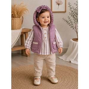 Hippıl Baby Çizgili Keten Gömlekli Şişme Yelekli Kız Üçlü Takım 9-24 Aylık-BA5275863 - MOR