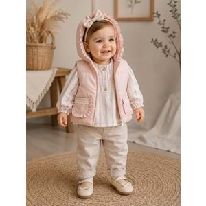 Hippıl Baby Çizgili Keten Gömlekli Şişme Yelekli Kız Üçlü Takım 9-24 Aylık-BA5275863 - PEMBE