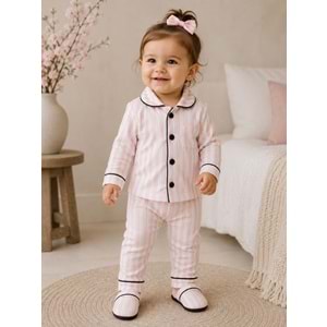 Poli Foni Baby Çizgili Terlikli Kız Ve Erkek Pijama Takımı 1-6 Yaş -BA4091248 - PEMBE