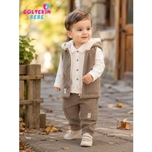 Hippıl Kadife Kumaş Yelekli Erkek Üçlü Takım 1-4 Yaş -BA9100863 - AÇIK KAHVE
