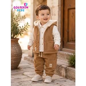 Hippıl Kadife Kumaş Yelekli Erkek Üçlü Takım 1-4 Yaş -BA9100863 - BEJ