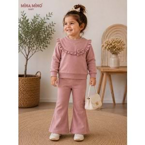 Mina Mino Baby Ön Roba Detaylı Taş Baskılı Kız İkili Takım 2-5 Yaş -BA463101256 - GÜL KURUSU