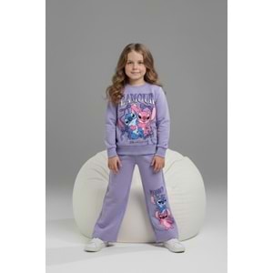 Serenad Kids Stıtch Kız Bol Paça Lamour Yazılı Penye İkili Eşofman Takımı 3-10 Yaş -JE261052325 - LİLA