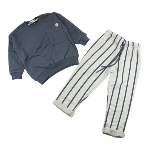 2497-2800 Çizgili Pantolon 2li Eşofman Takım - FÜME