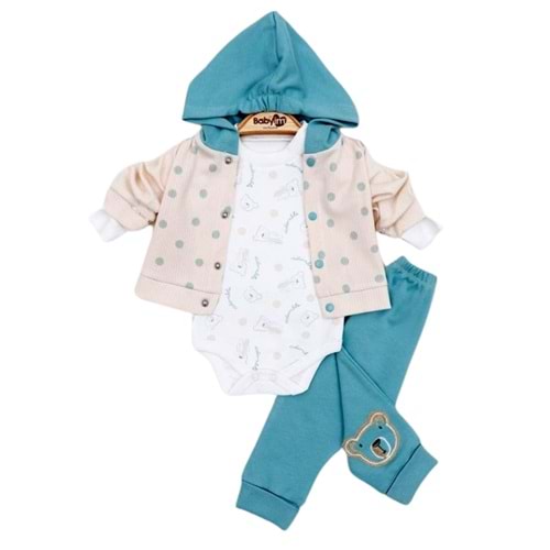 Babyim 2175 3-6-9 Ay Ayı Baskılı Kapşonlu Bebek Takım - YEŞİL