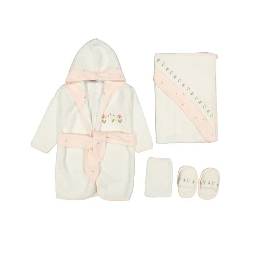 Gaye Kız Bebek Çiçek Nakışlı Havlu Bornoz Set 878490 - PUDRA
