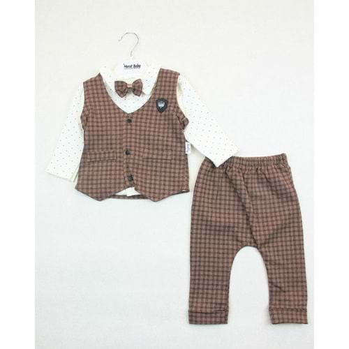 Murat Baby 3-12 Ay Minik Kare Baskılı Yelekli Takım 9419180 - KAHVERENGİ