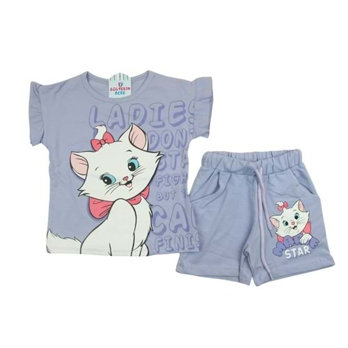 Kedi Kız Şortlu Fırfırlı 3-10 Yaş Kız İkili Takım-7568175 - LİLA