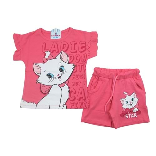 Kedi Kız Şortlu Fırfırlı 3-10 Yaş Kız İkili Takım-7568175 - PEMBE