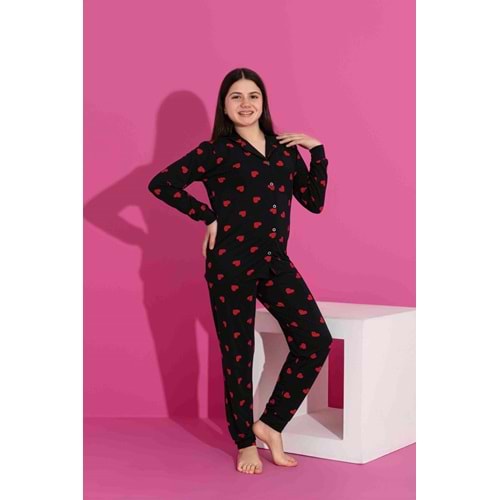 Tarık 10-15 Yaş Kız Çocuk Kalpli Pijama Takımı 3073245 - SİYAH