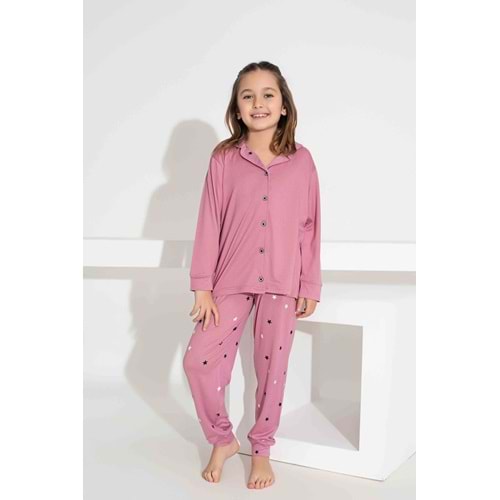 Tarık 5-9 Yaş Kız Çocuk Düğmeli Pijama Takımı 2924210 - PEMBE