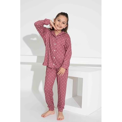 Tarık 5-9 Yaş Kız Çocuk Düğmeli Pijama Takımı 2900210 - GÜL KURUSU
