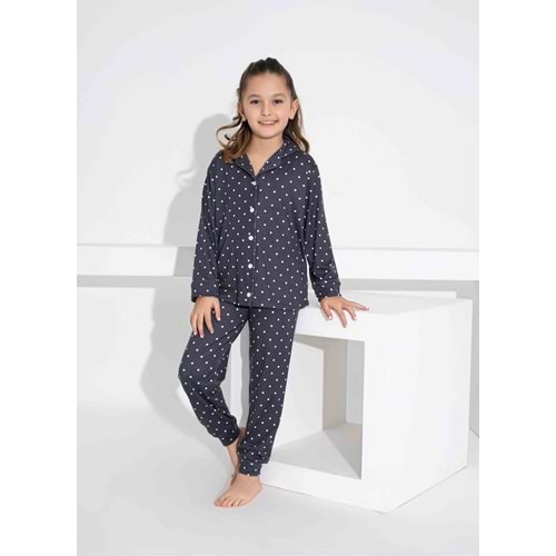 Tarık 5-9 Yaş Kız Çocuk Düğmeli Pijama Takımı 2900210 - LACİVERT