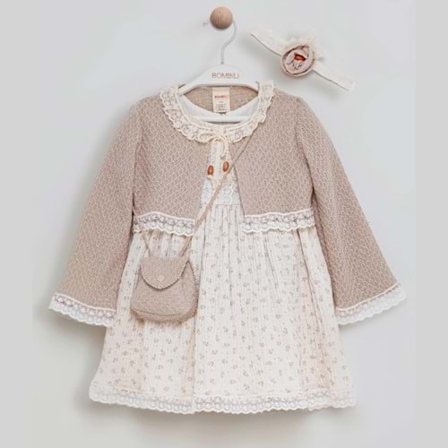 Bombili 1-4 Yaş Müslin Elbise Nakışlı Bolerolu-7057453 - KREM