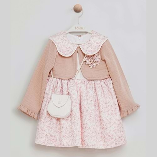Bombili 1-4 Yaş Kız Müslin Bolerolu Elbise-7060514 - GÜL KURUSU