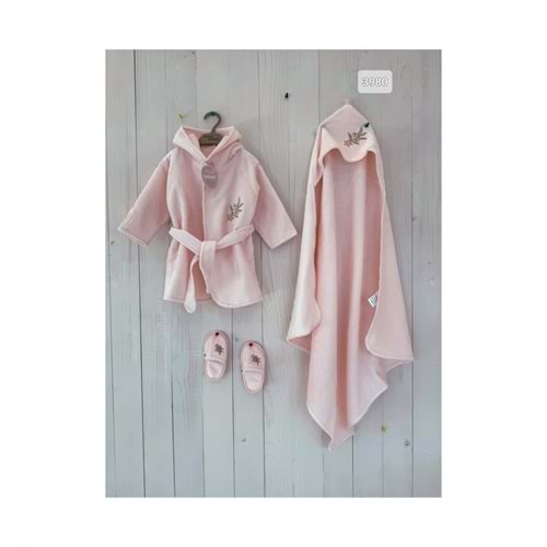 Bebessi Çiçek Nakışlı Bebek 3lü Bornoz Seti-3980531