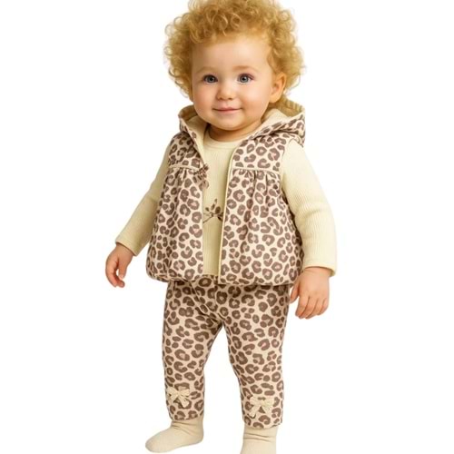 Hippıl Leopar Desenli Yelekli Kız 3lü Takım-2041422 - KREM