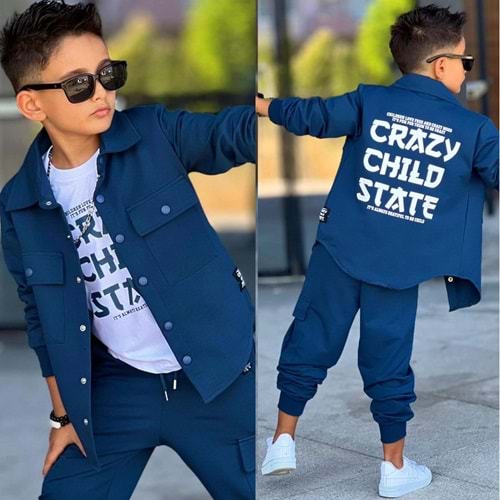 3-12 Yaş Erkek Crazy Child Baskılı 3lü Eşofman Takım- 60285650 - PETROL MAVİSİ
