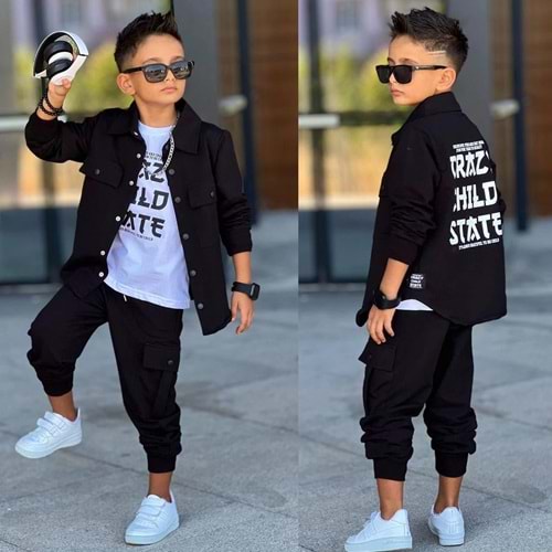 3-12 Yaş Erkek Crazy Child Baskılı 3lü Eşofman Takım- 60285650 - SİYAH