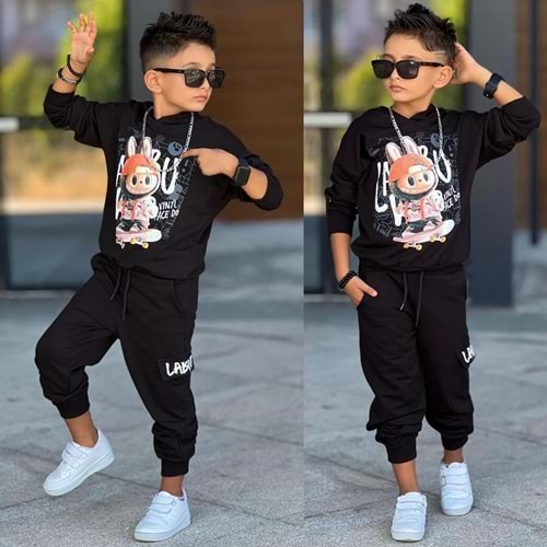 3-10 Yaş Erkek Labubu Baskılı Kapşonlu Eşofman Takım- 60293400 - SİYAH