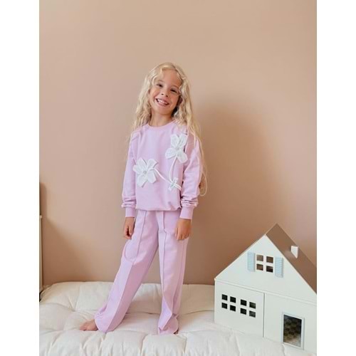 5-14 Yaş Kız Çiçek Kabartmalı Eşofman Takım- 5001360 - PEMBE