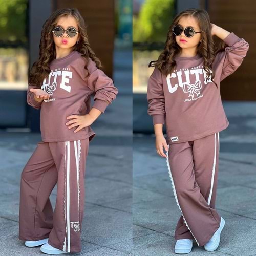 5-14 Yaş Kız Cute Baskılı Eşofman Takım- 6415500 - KAHVERENGİ