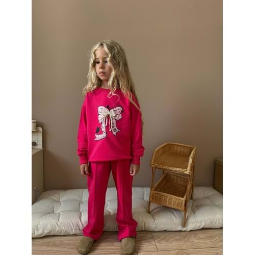 3-10 Yaş Kız Fiyonklu Eşofman Takım- 9024300 - KOYU PEMBE