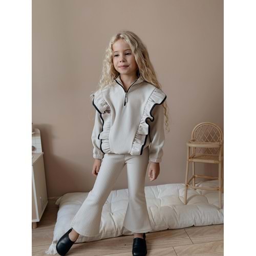 3-12 Yaş Fittili Şardonlu Kız Eşofman Takım- 7108400 - BEJ