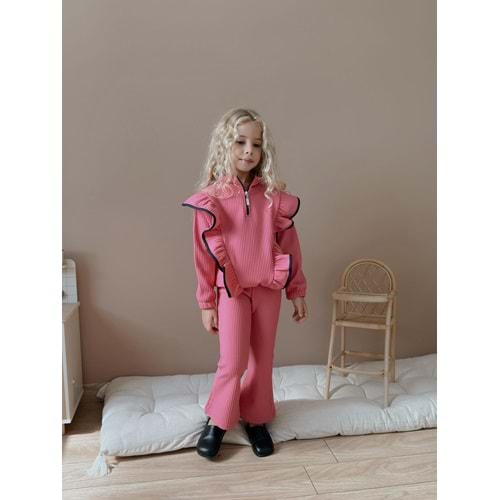 3-12 Yaş Fittili Şardonlu Kız Eşofman Takım- 7108400 - PEMBE