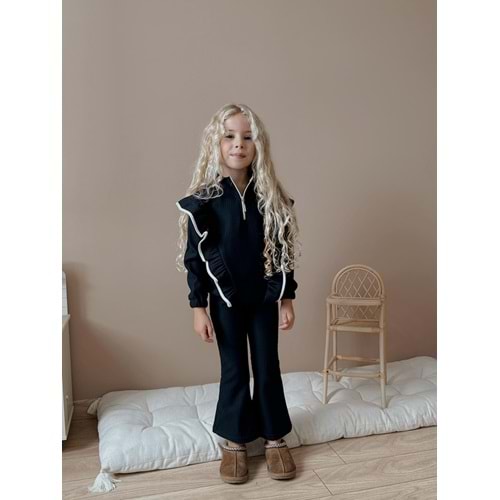 3-12 Yaş Fittili Şardonlu Kız Eşofman Takım- 7108400 - SİYAH