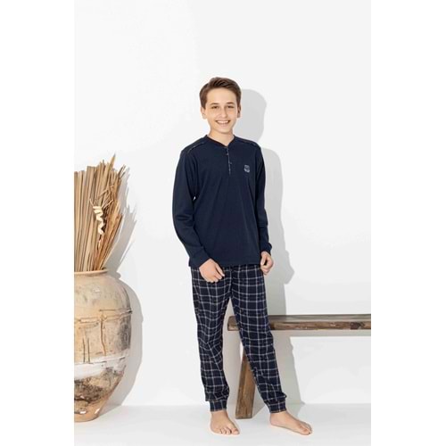 Tarık 10-15 Yaş Erkek Çocuk T Arma Nakış İnterlok Pijama Takımı 5100320 - LACİVERT
