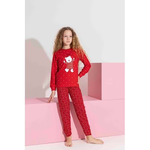 Tarık 5-9 Yaş Kız Çocuk Ekose Ayı Baskılı İnterlok Pijama Takımı 3186270 - KIRMIZI