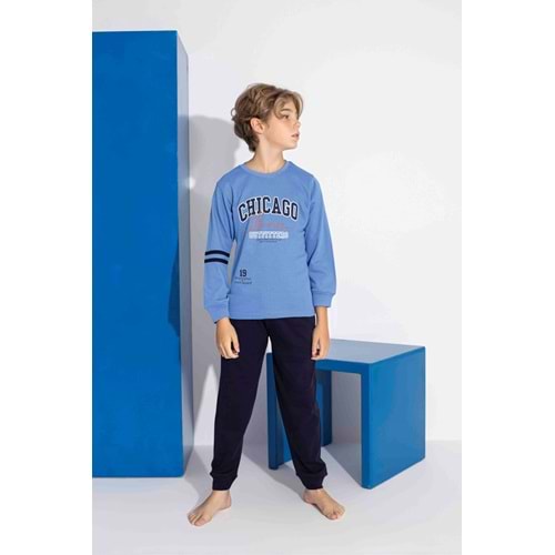 Tarık 10-15 Yaş Erkek Çocuk Chıcago Baskılı İnterlok Pijama Takımı 4120320 - MAVİ