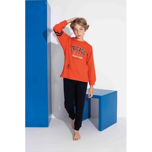 Tarık 10-15 Yaş Erkek Çocuk Chıcago Baskılı İnterlok Pijama Takımı 4120320 - TURUNCU