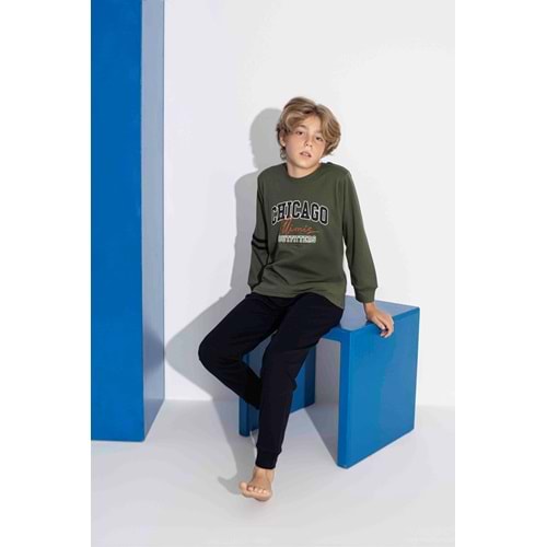Tarık 10-15 Yaş Erkek Çocuk Chıcago Baskılı İnterlok Pijama Takımı 4120320 - YEŞİL
