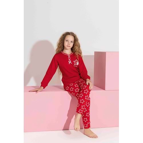 Tarık 10-15 Yaş Kız Çocuk Yıldız Arma Baskılı İnterlok Pijama Takımı 3198320 - KIRMIZI