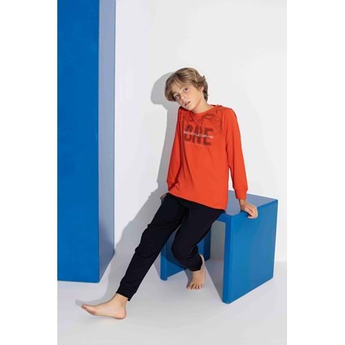 Tarık 10-15 Yaş Erkek Çocuk One Baskılı İnterlok Pijama Takımı 4113320 - TURUNCU