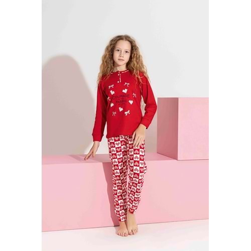 Tarık 10-15 Yaş Kız Çocuk Kalpli Kanaviçe Baskılı İnterlok Pijama Takımı 3192320 - KIRMIZI