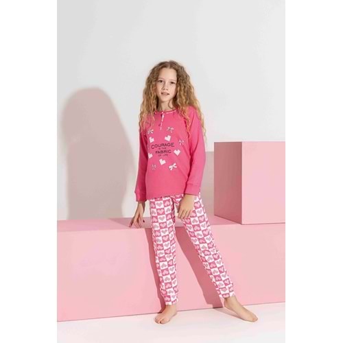 Tarık 10-15 Yaş Kız Çocuk Kalpli Kanaviçe Baskılı İnterlok Pijama Takımı 3192320 - KOYU PEMBE
